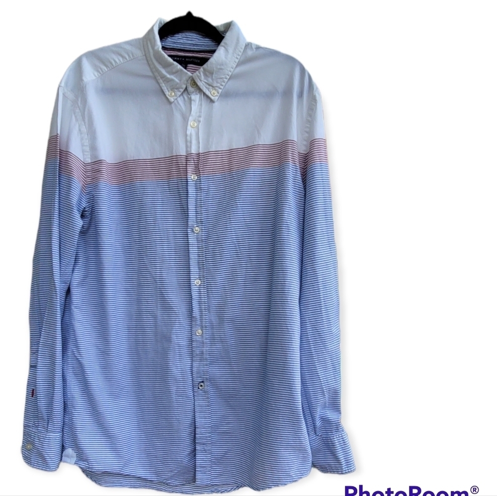 Tommy Hilfiger Men's XL Striped Regular Fit Long Sleeve Button Up Shirt.